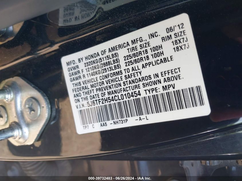 2012 Honda Crosstour Ex-L VIN: 5J6TF2H54CL010454 Lot: 39732483