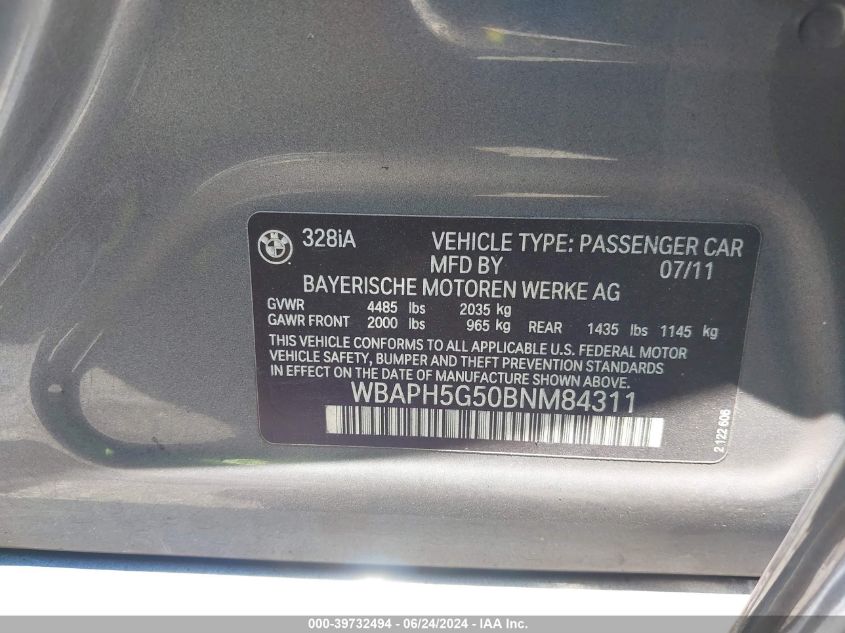 2011 BMW 328I VIN: WBAPH5G50BNM84311 Lot: 39732494