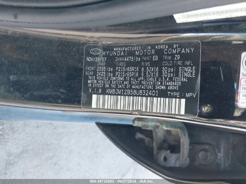 2008 Hyundai Tucson Gls VIN: KM8JM12B58U832401 Lot: 39732503