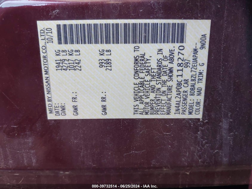 2011 Nissan Altima 2.5 S VIN: 1N4AL2AP0BC118270 Lot: 39732514