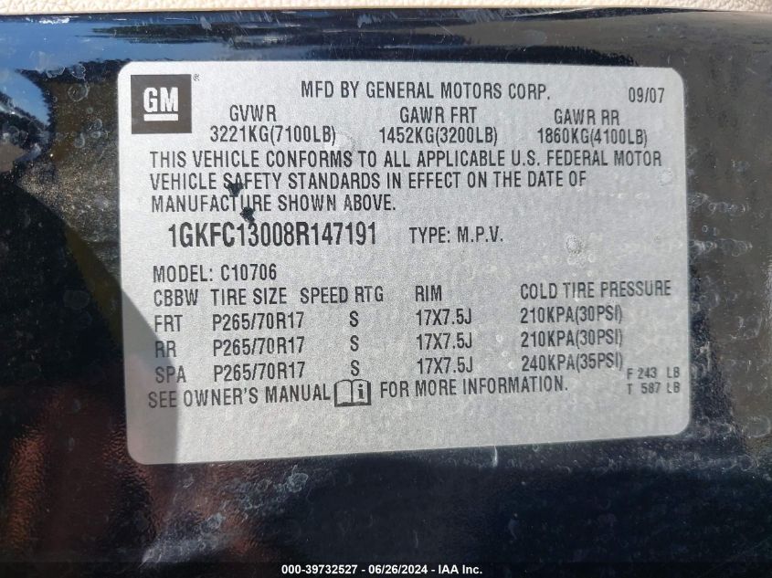 2008 GMC Yukon Sle VIN: 1GKFC13008R147191 Lot: 39732527