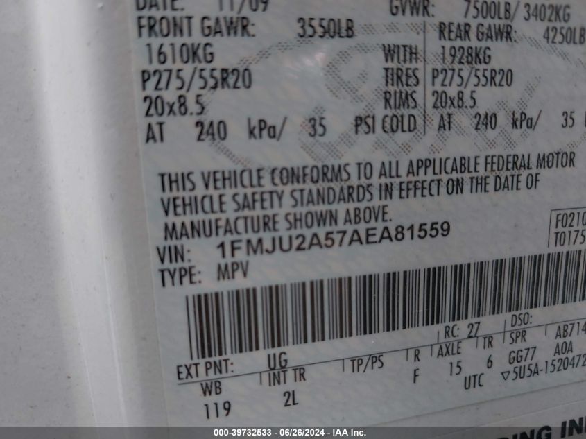 2010 Ford Expedition Limited VIN: 1FMJU2A57AEA81559 Lot: 39732533