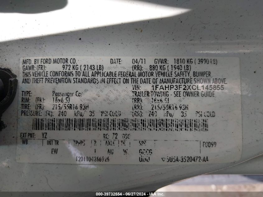 2012 Ford Focus Se VIN: 1FAHP3F2XCL145855 Lot: 39732554