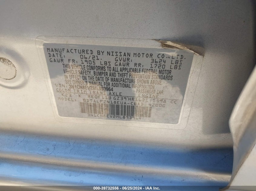 2021 Nissan Versa Sv VIN: 3N1CN8EV2ML893964 Lot: 39732556