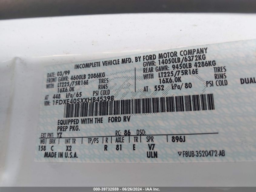 1999 Ford Econoline E450 Super Duty Cutwy Rv VIN: 1FDXE40SXXHB45398 Lot: 39732559