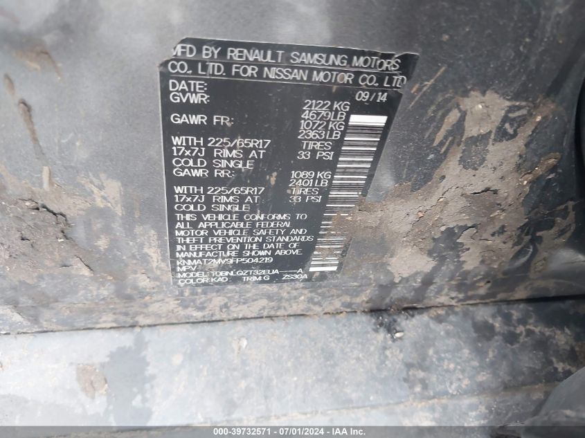 2015 Nissan Rogue Sv VIN: KNMAT2MV9FP504219 Lot: 39732571