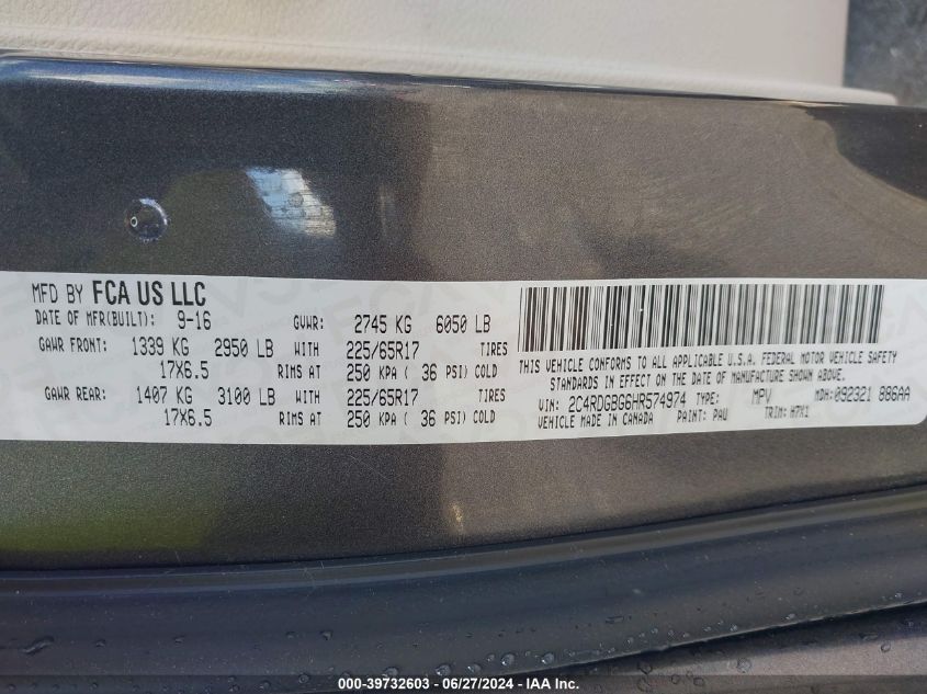 2017 Dodge Grand Caravan Se VIN: 2C4RDGBG6HR574974 Lot: 39732603