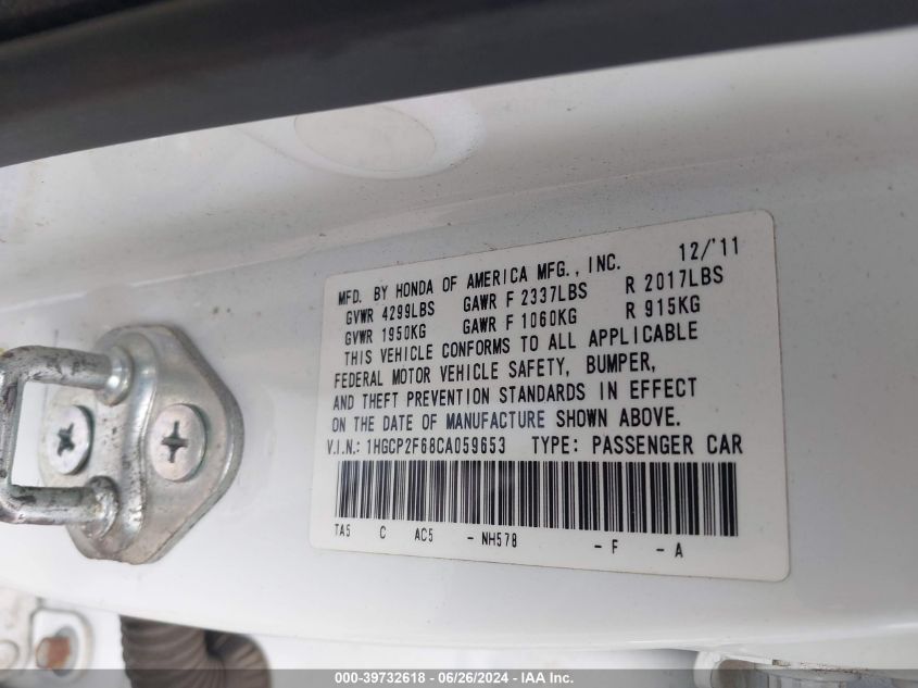 1HGCP2F68CA059653 2012 Honda Accord Se