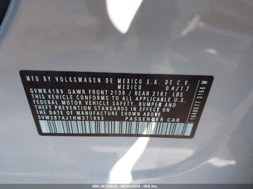 2017 Volkswagen Jetta S VIN: 3VW2B7AJ1HM371693 Lot: 39732620