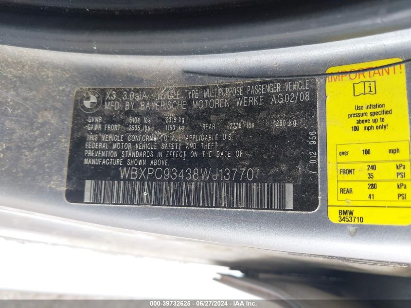 2008 BMW X3 3.0Si VIN: WBXPC93438WJ13770 Lot: 39732625