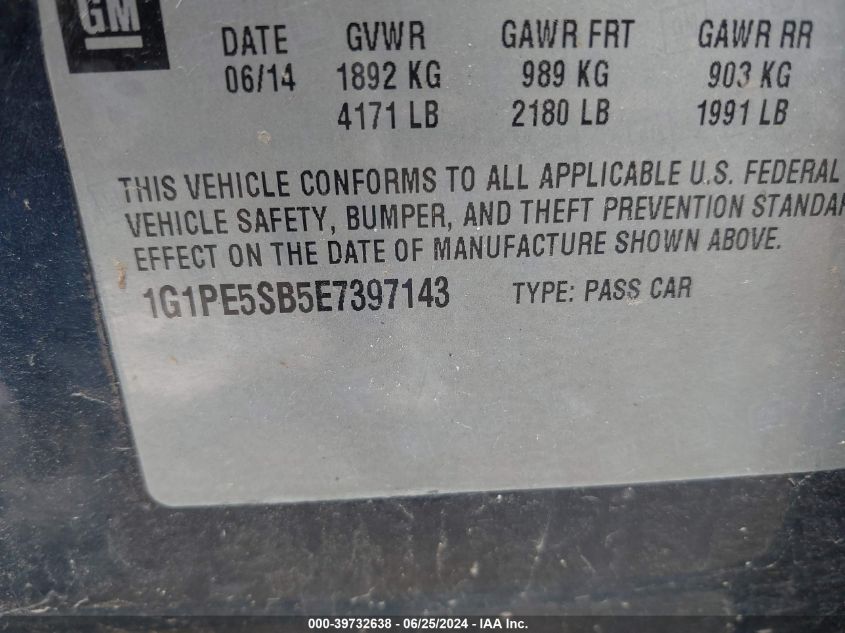 2014 Chevrolet Cruze Lt VIN: 1G1PE5SB5E7397143 Lot: 39732638