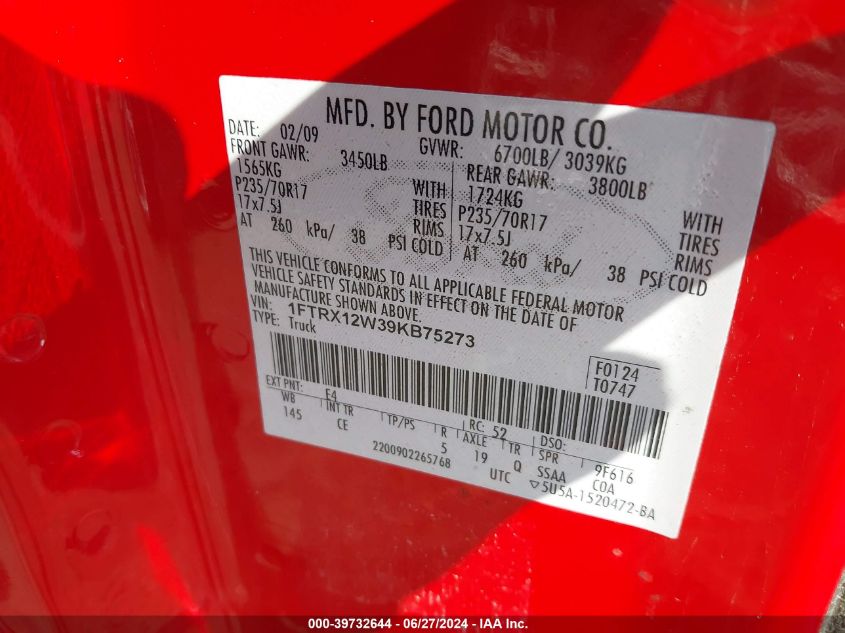 2009 Ford F150 Super Cab VIN: 1FTRX12W39KB75273 Lot: 39732644