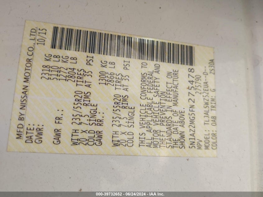 2015 Nissan Murano Platinum VIN: 5N1AZ2MG5FN275478 Lot: 39732652