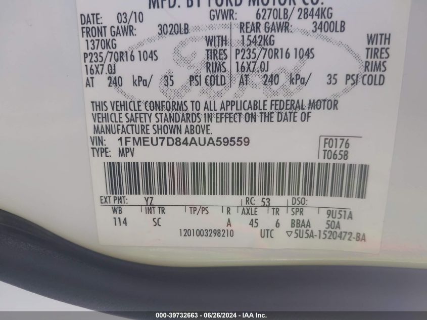 2010 Ford Explorer Xlt VIN: 1FMEU7D84AUA59559 Lot: 39732663