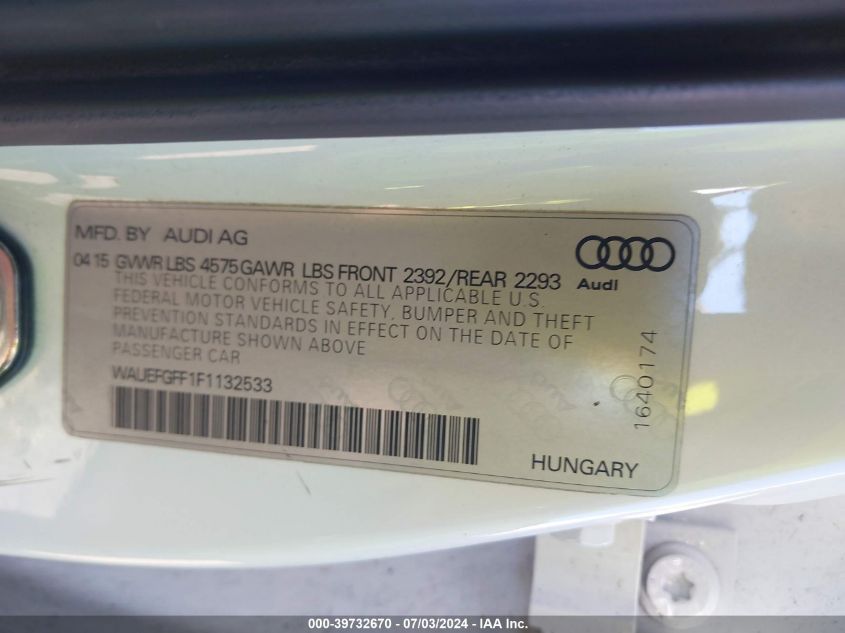 2015 Audi A3 2.0T Premium VIN: WAUEFGFF1F1132533 Lot: 39732670