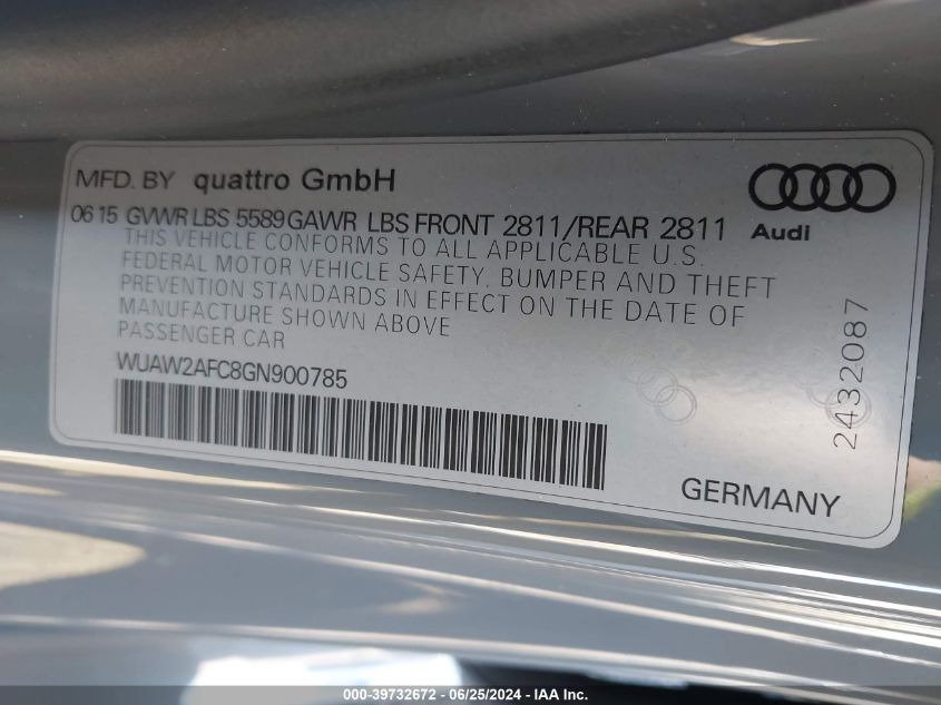 2016 Audi Rs7 VIN: WUAW2AFC8GN900785 Lot: 39732672