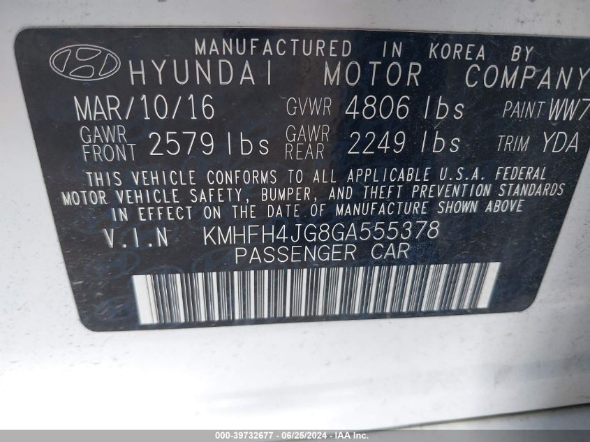 KMHFH4JG8GA555378 2016 Hyundai Azera Limited