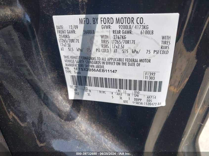 2010 Ford F-250 Lariat/Xl/Xlt VIN: 1FTSX2B56AEB11147 Lot: 39732680