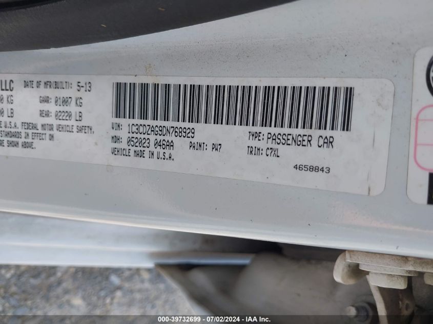 2013 Dodge Avenger Se V6 VIN: 1C3CDZAG9DN768929 Lot: 39732699