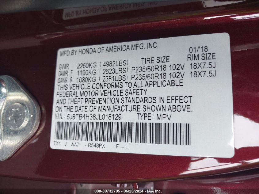 2018 Acura Rdx Acurawatch Plus Package VIN: 5J8TB4H38JL018129 Lot: 39732705