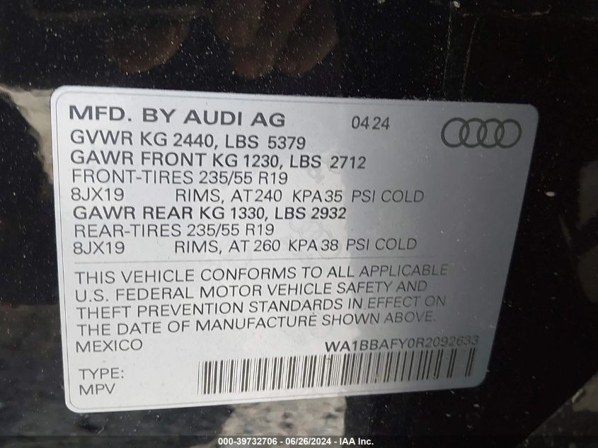 2024 Audi Q5 Premium Plus 40 Tfsi Quattro S Tronic VIN: WA1BBAFY0R2092633 Lot: 39732706