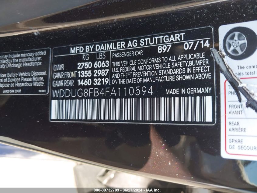 2015 Mercedes-Benz S 550 4Matic VIN: WDDUG8FB4FA110594 Lot: 39732709