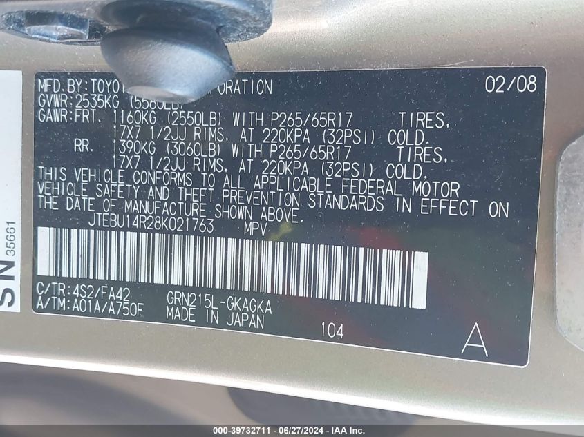 2008 Toyota 4Runner VIN: ATEBU14R28K021763 Lot: 39732711