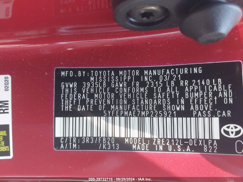 VIN 5YFEPMAE7MP225921 2021 TOYOTA COROLLA LE