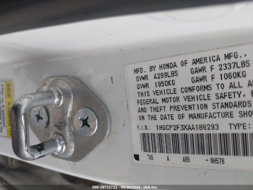 2010 Honda Accord 2.4 Lx VIN: 1HGCP2F3XAA186293 Lot: 39732722