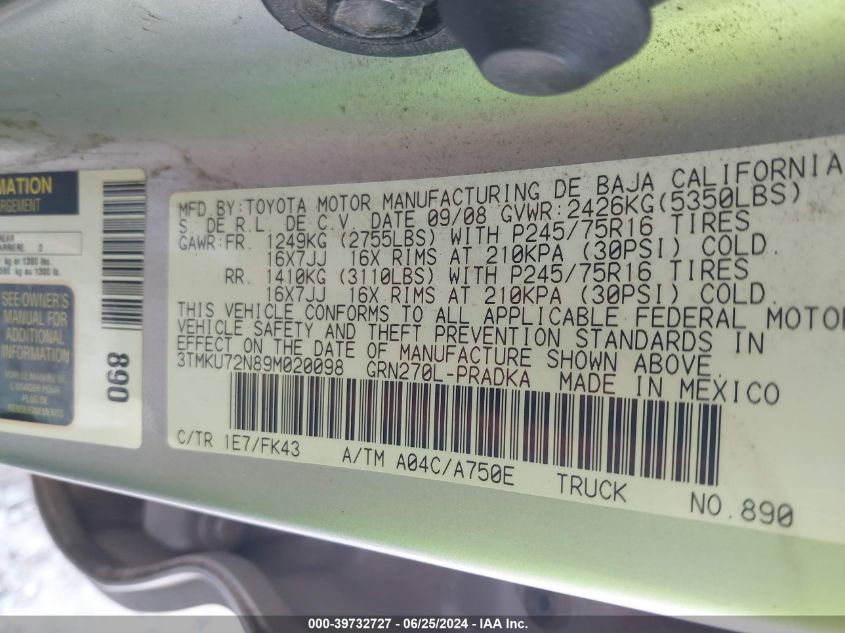 2009 Toyota Tacoma Prerunner V6 VIN: 3TMKU72N89M020098 Lot: 39732727