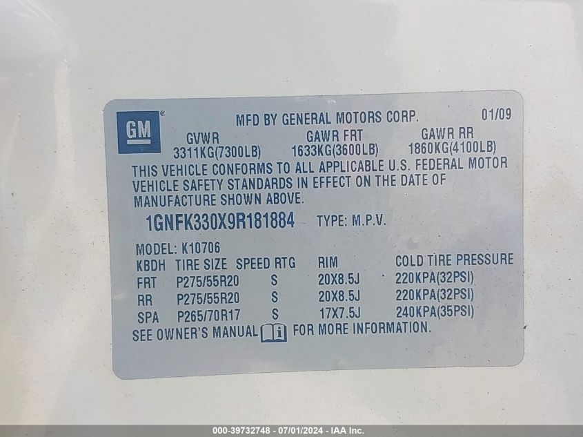 2009 Chevrolet Tahoe Ltz VIN: 1GNFK330X9R181884 Lot: 39732748