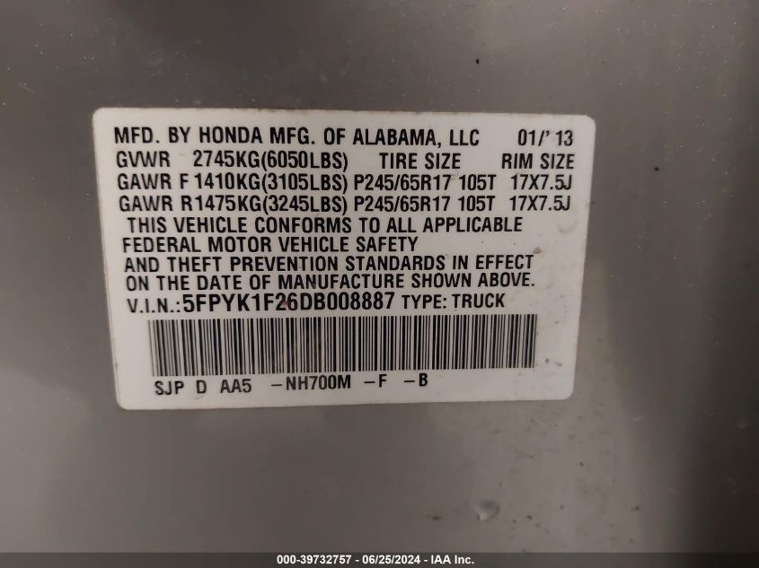 2013 HONDA RIDGELINE RT - 5FPYK1F26DB008887