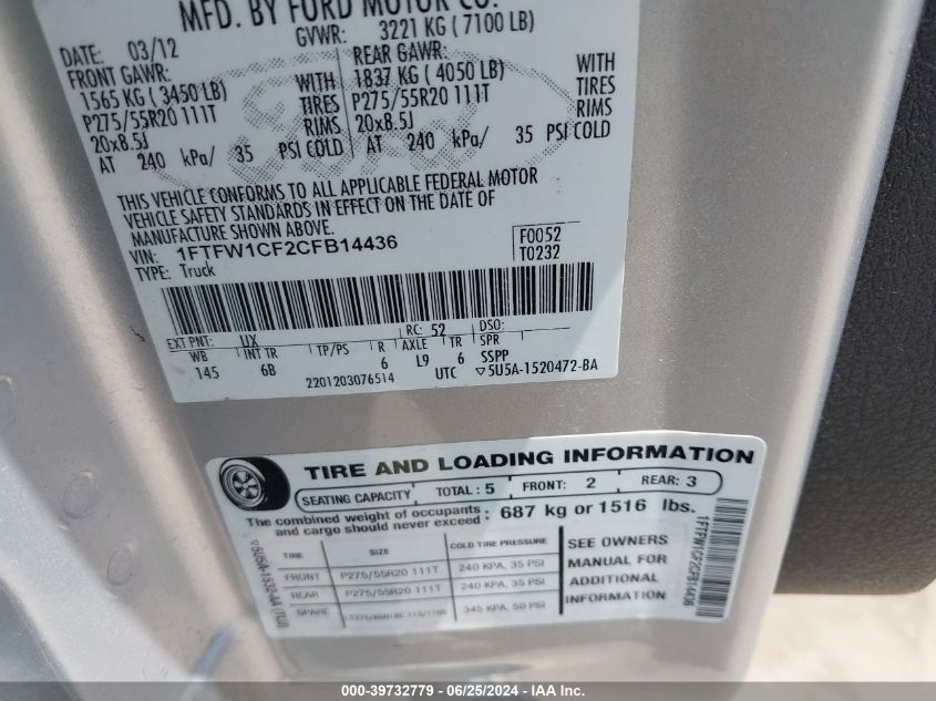 2012 Ford F-150 Fx2 VIN: 1FTFW1CF2CFB14436 Lot: 39732779