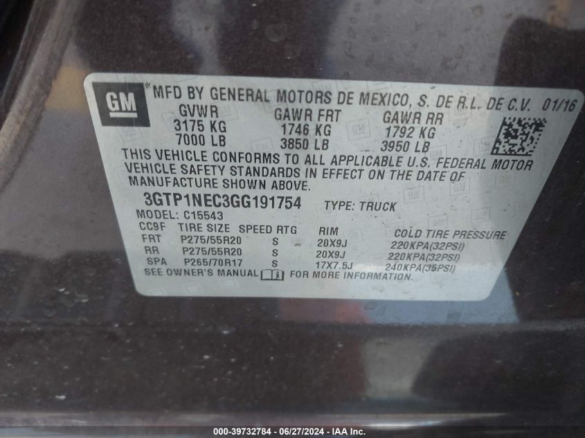 2016 GMC Sierra 1500 Slt VIN: 3GTP1NEC3GG191754 Lot: 39732784