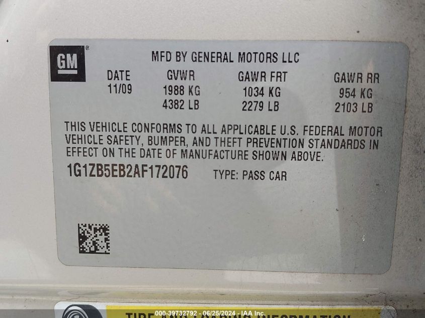 2010 Chevrolet Malibu Ls VIN: 1G1ZB5EB2AF172076 Lot: 39732792