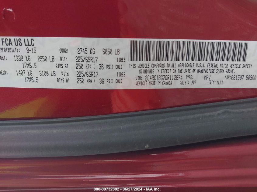 2016 Chrysler Town & Country Touring VIN: 2C4RC1BG7GR112874 Lot: 39732802