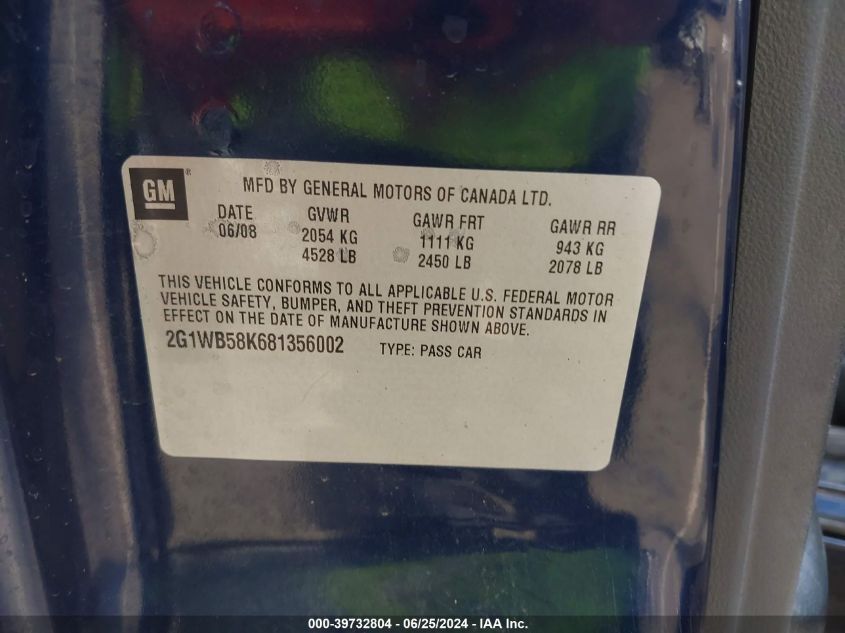 2008 Chevrolet Impala Ls VIN: 2G1WB58K681356002 Lot: 39732804