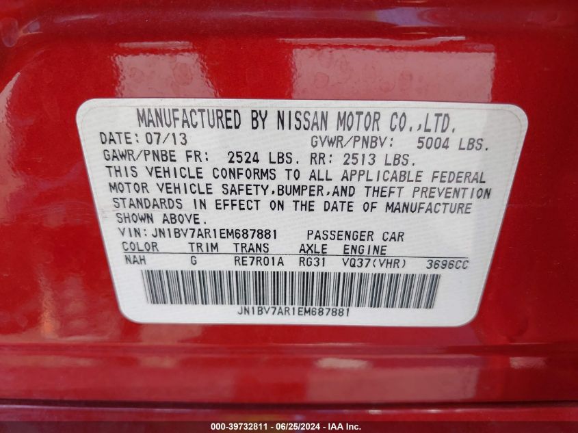 2014 Infiniti Q50 Premium/Sport VIN: JN1BV7AR1EM687881 Lot: 39732811