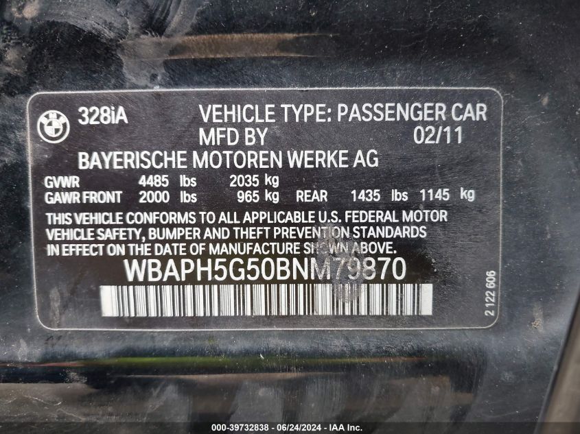 2011 BMW 328I VIN: WBAPH5G50BNM79870 Lot: 39732838