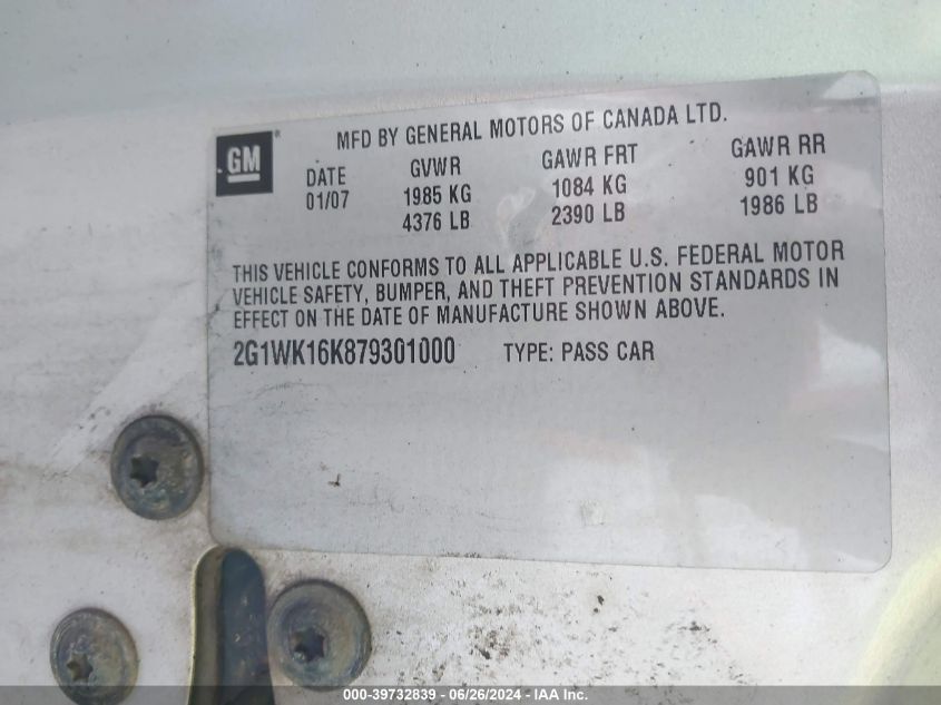 2007 Chevrolet Monte Carlo Lt VIN: 2G1WK16K879301000 Lot: 39732839