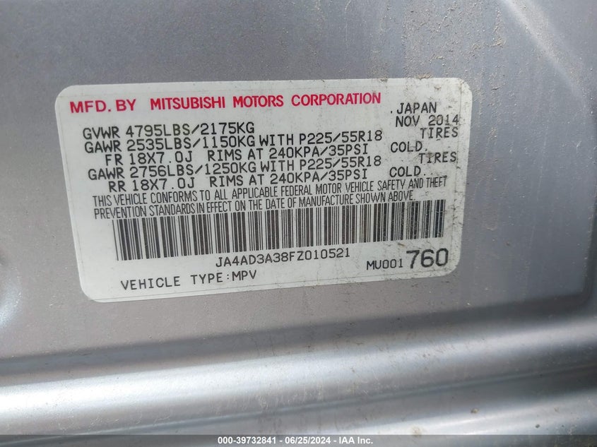 2015 Mitsubishi Outlander Se VIN: JA4AD3A38FZ010521 Lot: 39732841