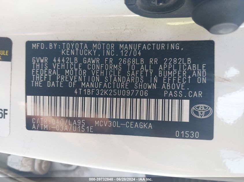 2005 Toyota Camry Xle V6 VIN: 4T1BF32K25U097706 Lot: 39732848