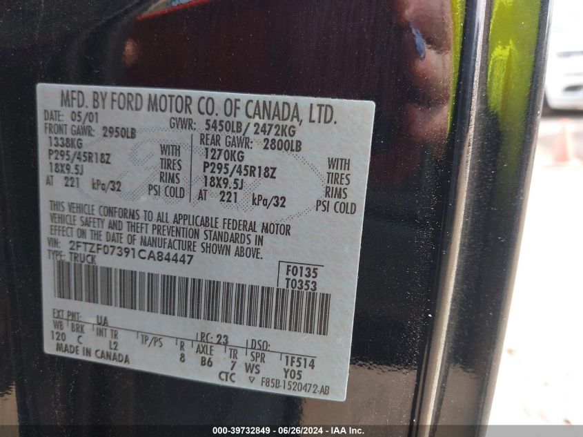 2001 Ford F-150 Svt Lightning VIN: 2FTZF07391CA84447 Lot: 39732849