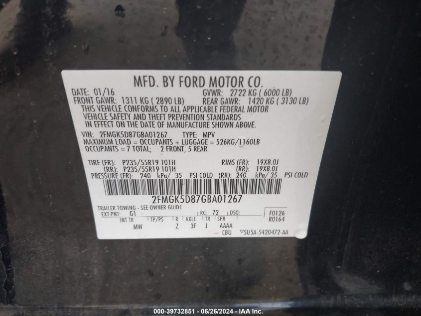 2016 Ford Flex Limited VIN: 2FMGK5D87GBA01267 Lot: 39732851