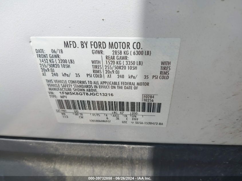 2018 Ford Explorer Sport VIN: 1FM5K8GT8JGC13216 Lot: 39732858