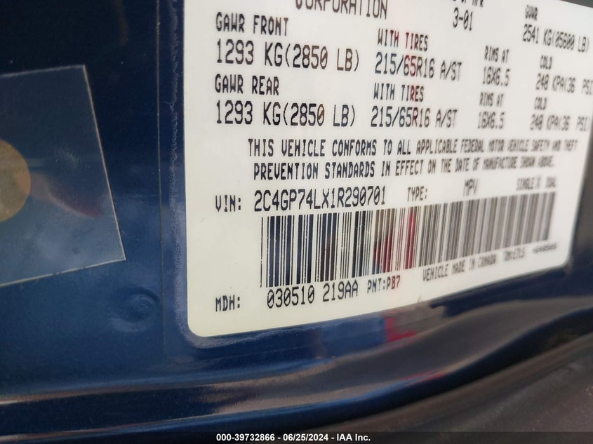 2001 Chrysler Town & Country Ex VIN: 2C4GP74LX1R290701 Lot: 39732866