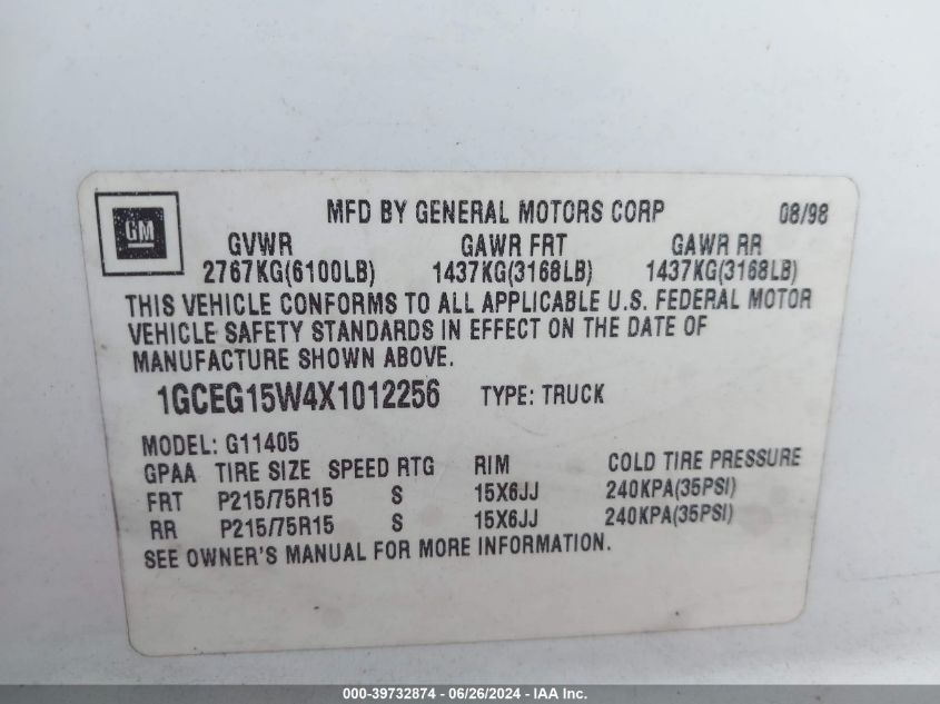 1999 Chevrolet Express VIN: 1GCEG15W4X1012256 Lot: 39732874