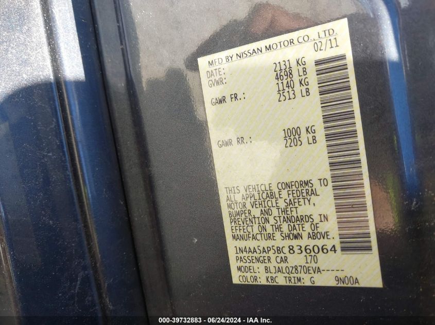 2011 Nissan Maxima 3.5 S VIN: 1N4AA5AP5BC836064 Lot: 39732883
