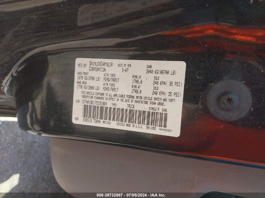 2007 Dodge Ram 1500 Slt VIN: 1D7HA18217S191864 Lot: 39732887