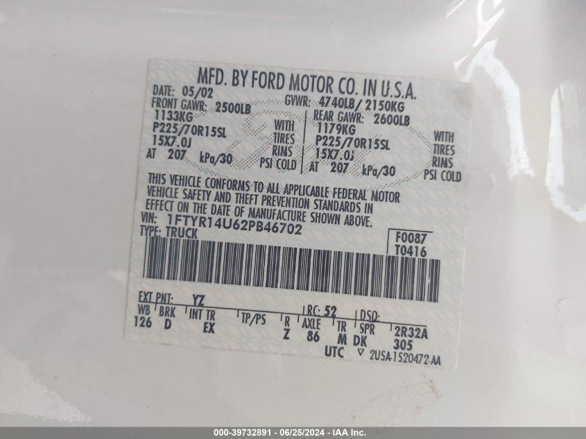 2002 Ford Ranger Super Cab VIN: 1FTYR14U62PB46702 Lot: 39732891